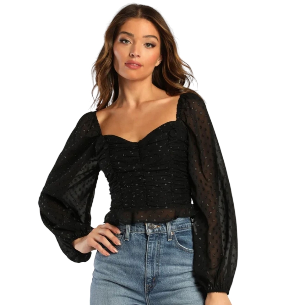 Lulu's Totally Charmed Black Ruched Clip Dot Balloon Sleeve Top Size Small
